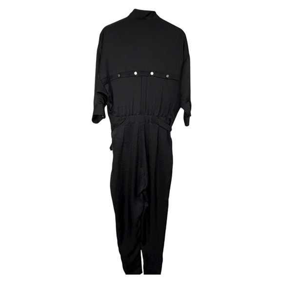 BEBE Black Satin Utility Jumpsuit Sz S Mock Neck Zip Tapered Leg Belted Y2K Goth - Picture 8 of 15